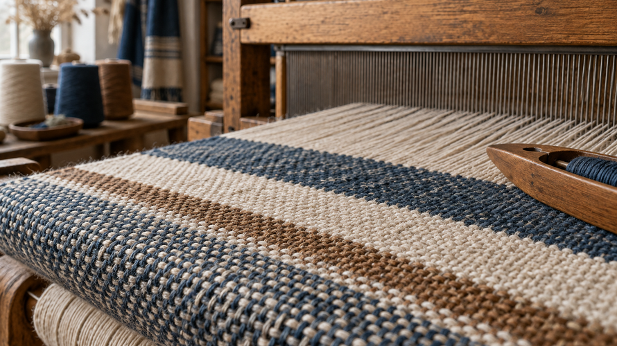 Close-up of warp and weft yarns interlacing on a loom to form woven fabric