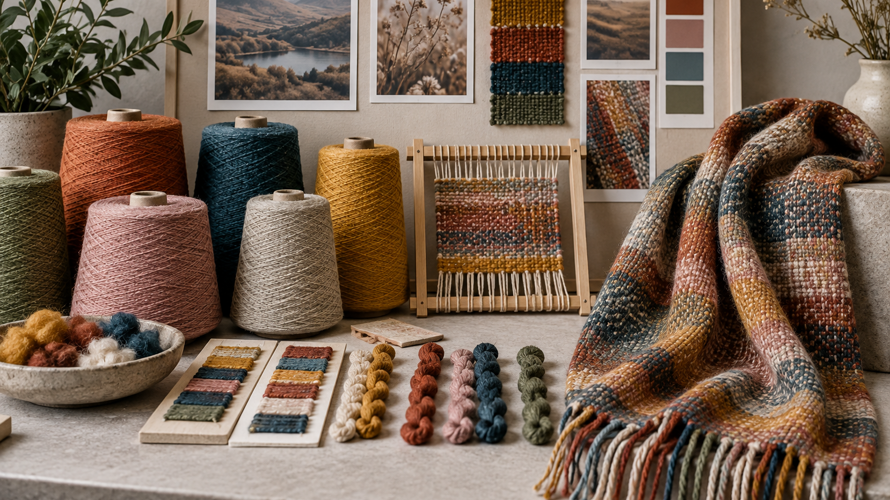 Custom scarf material development with yarn cards, woven samples, artwork and finished fabric approval