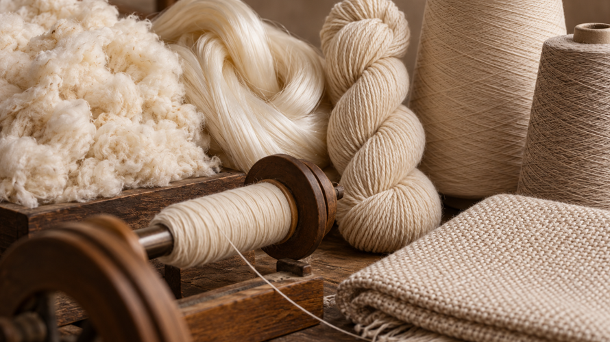 Yarn production with staple fibres, filament bundle, spinning frame, twisted yarn cones and finished fabric swatches