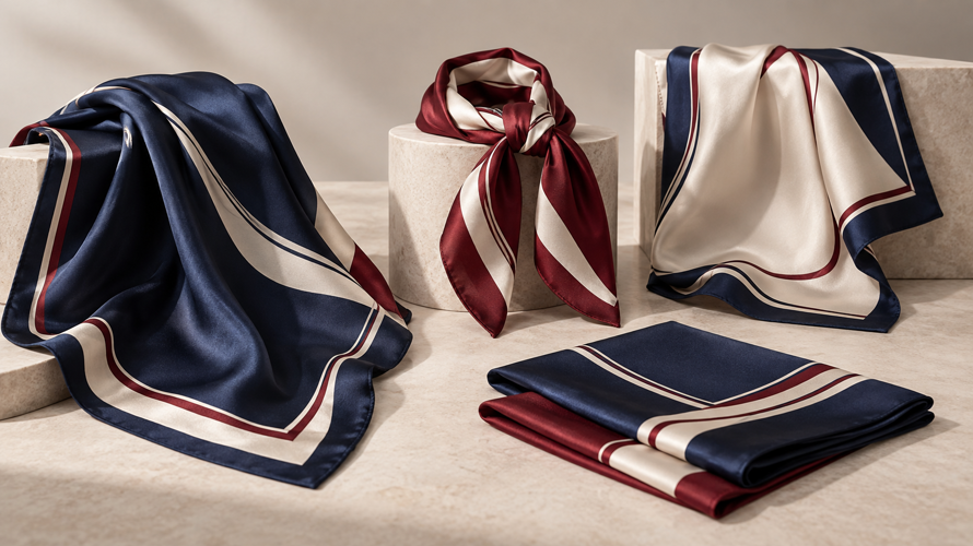 Custom airline uniform scarves in coordinated brand colours arranged with square shapes, border artwork and folded samples