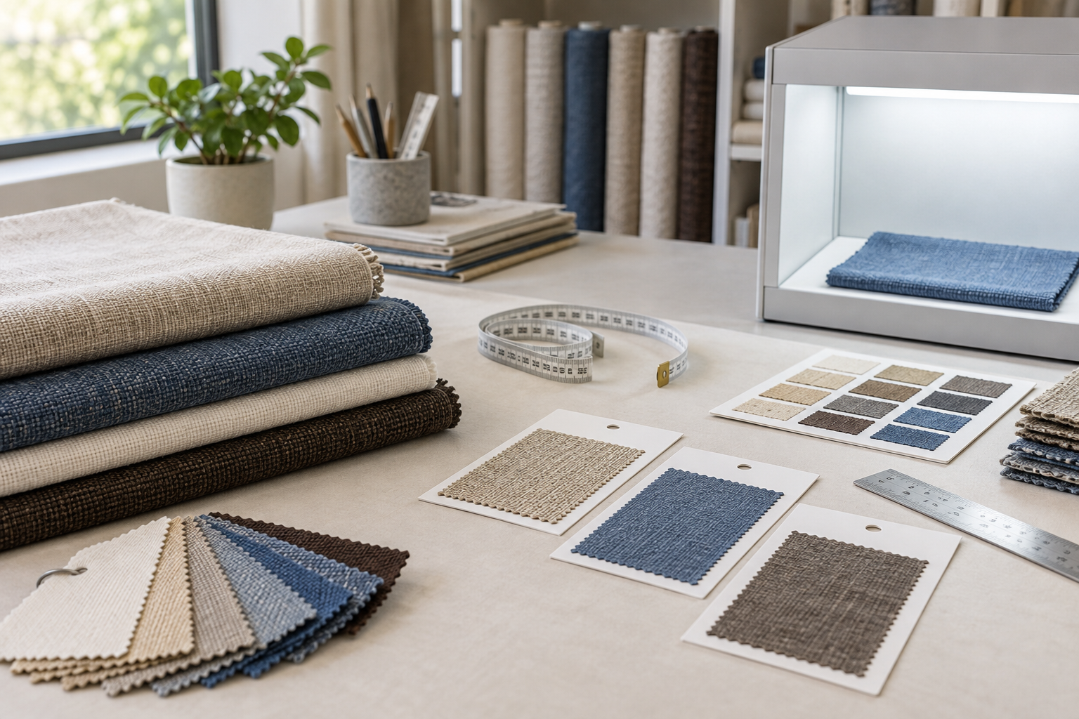 Textile sampling table with woven fabric swatches, measuring tape, colour cards and inspection lightbox