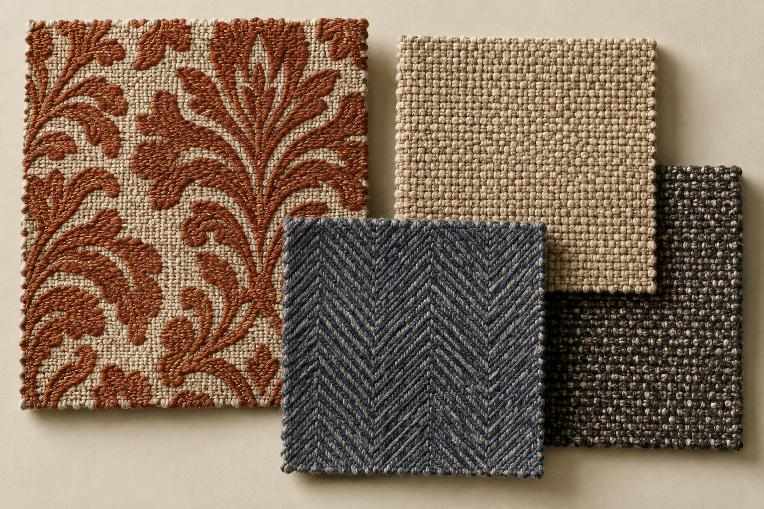Woven swatches showing jacquard, dobby and herringbone textures
