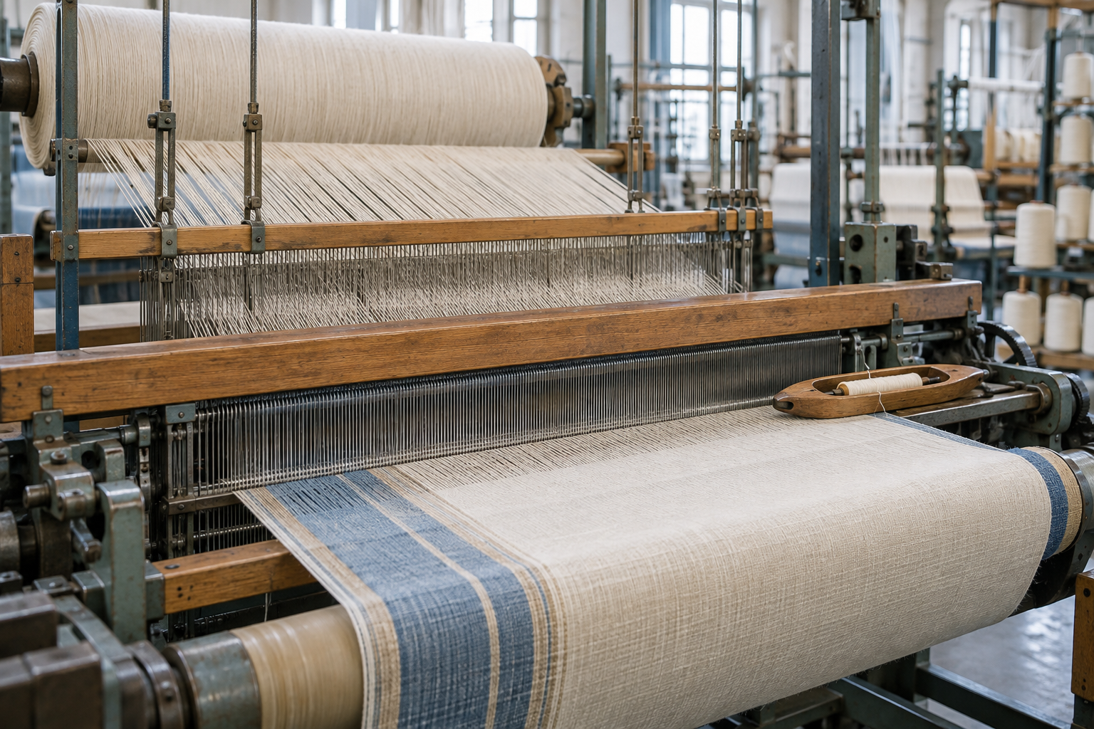Textile loom showing warp beam, heddles, weft insertion and woven cloth
